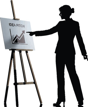 Business professional presenting an idea pitch using a visual aid on an easel editable vector silhouette
