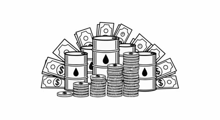 Fototapeta premium Stacked oil barrels with dollar bills and coins represent petroleum commodity