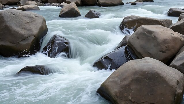 Large rocks in a turbulent river, water splashing around them, dynamic motion.
