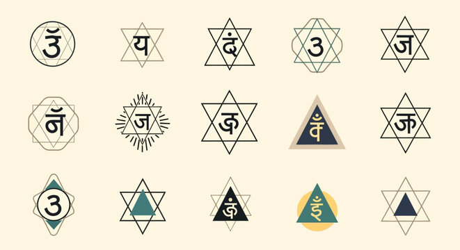 Set of Sacred Geometry Symbols with Devanagari Script and Geometric Shapes