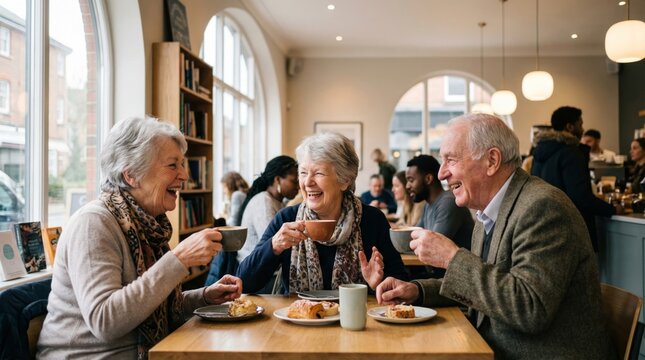 Two senior women and one senior man drinking coffee and laughing at cafe table. Happy old friends reuniting for casual lunch. Leisure lifestyle and social activity for active elderly people.