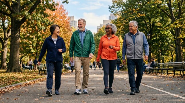 Group of mature friends walking together in autumn park. Two senior men and two senior women enjoying active lifestyle, friendship, conversation and sunny fall weather in nature.