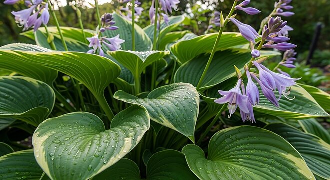 Close up of vibrant hosta plant with purple flowers and lush green leaves