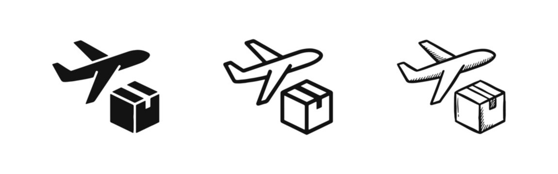 Air Freight Logistics Delivery Icon Set - Airplane with Shipping Box in Three Styles