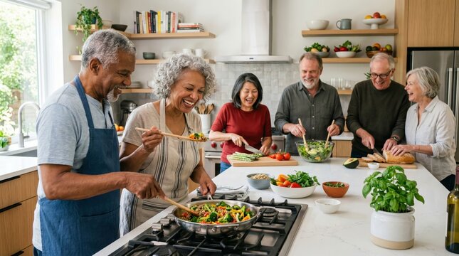 Group of mature friends cooking dinner together in modern kitchen. Diverse seniors preparing healthy meal, chopping vegetables and tossing salad. Joyful social gathering lifestyle concept.