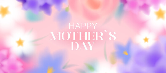 Pastel floral background with blurred pink, white, blue, and purple flowers. Roses, hydrangeas, daisies, and primroses with green leaves, blurry spring flowers. Vector greeting banner for Mother's Day © Hanna