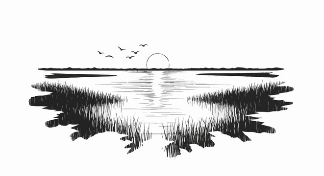 Silhouette of marsh grass and flying birds over water at sunset