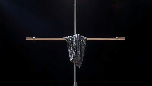 Polished silver aerialist bar with sequined costume draped over it, spotlight.