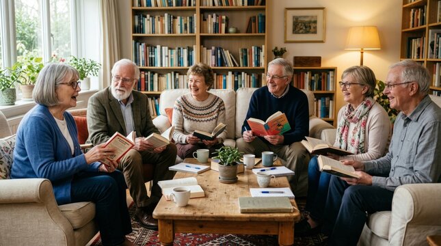 Group of senior friends reading books meeting in home library. Elderly men and women discussing literature in book club. Social gathering, hobby, learning and community building concept.