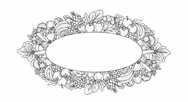 Oval frame with a detailed border of assorted fruits and vegetables