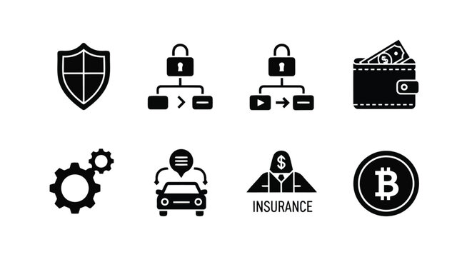 Set of security and financial icons including shield protection locked data folders leather wallet with cash automotive insurance and bitcoin coin.