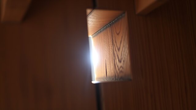 Close-up of a narrow arrow slit in a wooden wall, a single beam of light shining through, detailed wood.