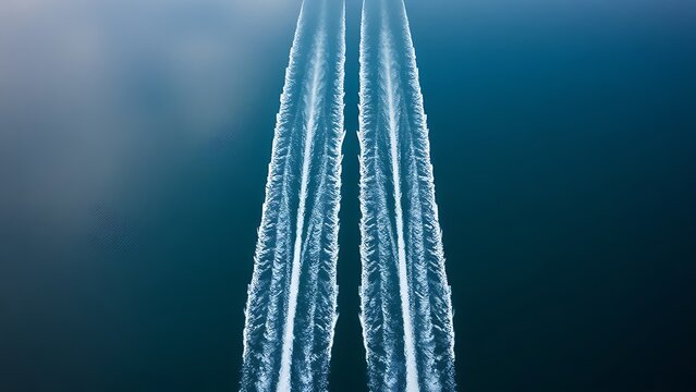 Two long, symmetrical white trails on a perfectly calm, reflective lake surface, aerial view.