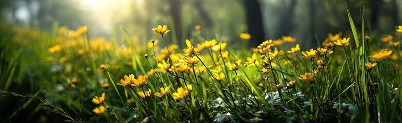 Fototapeta premium Golden sunlight streams through lush green grass dotted with vibrant yellow wildflowers