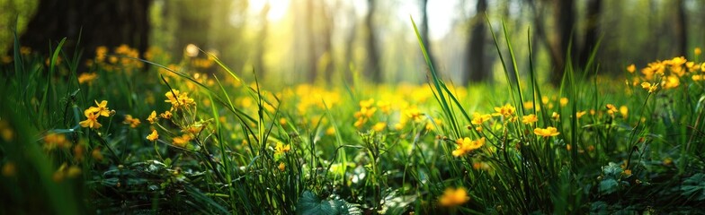 Obraz premium Sunlit forest floor awakens with vibrant yellow wildflowers and lush green grass
