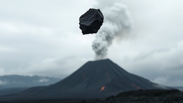 A dark volcanic rock flying through an ashy sky near an erupting volcano.