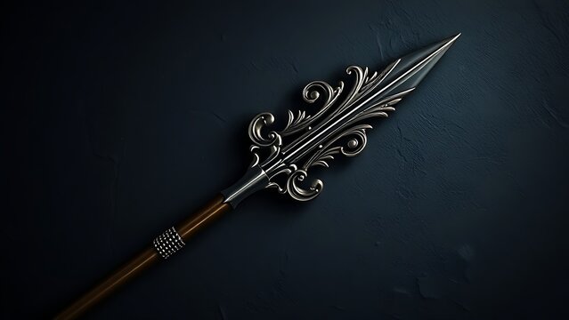 An ornate metallic spearhead against a dark stone background.