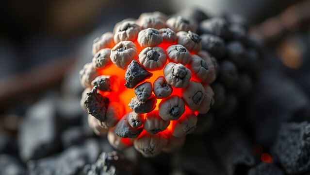 Close-up of a smoldering mugwort cone with glowing embers and soft gray ash.