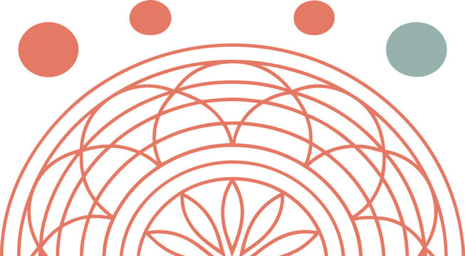 Geometric mandala pattern with coral circles and a teal dot on a clean white background