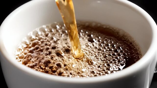 Pouring fresh brewed black coffee into white ceramic mug for morning drink