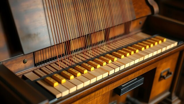 Antique harpsichord with yellowed keys and open lid revealing strings.