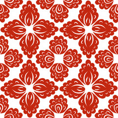 Fototapeta premium Vector folk art seamless pattern of red floral rosettes on white background. Texture with decorative floral ornament.