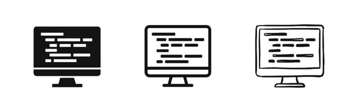 Computer monitor with programming code icons in solid, outline, and doodle styles for software development