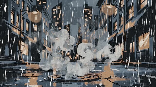 Rainy city street with illuminated streetlights reflecting on wet pavement cartoon style