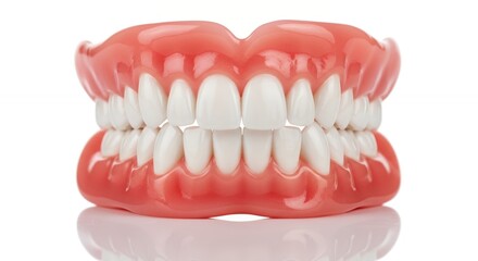 Obraz premium Dental prosthetics with pink gums and white teeth on reflective surface