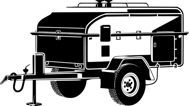 A black-and-white illustration of a compact, vintage-style travel trailer with a sturdy metal tongue jack attached for towing purposes