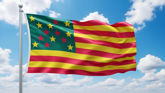 Flag of the senyera with waving motion on a blue sky background