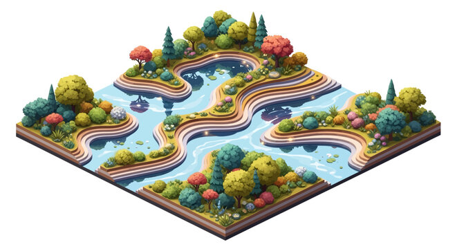 Isometric illustration of a detailed river landscape with lush vegetation, showcased in a vibrant color palette on a white backdrop, creating a serene and picturesque vector scene