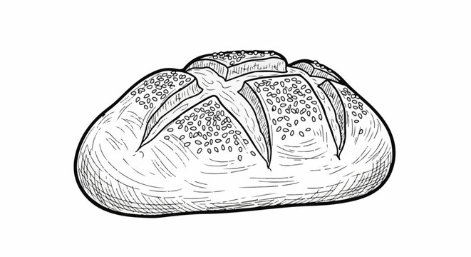 Black and white drawing of a rustic loaf of bread with scoring and seeds