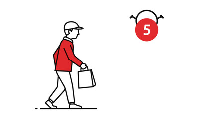 Fototapeta premium Minimalist Line Art Vector Illustration of Man Shopping with Bag and Red Cart Icon with Number 5