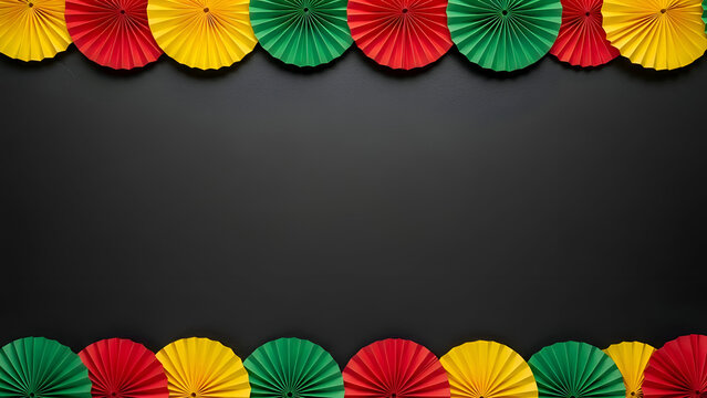 Colorful paper fan decorations in red, yellow, and green on black background for party or celebration