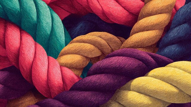 Colorful ropes in various textures intertwined.