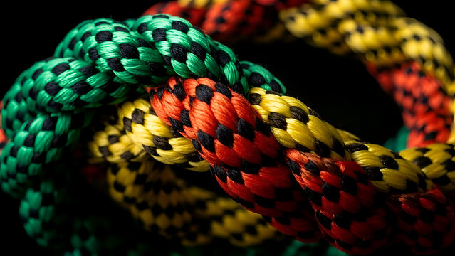 Vibrant colorful braided rope on a black background closeup detail