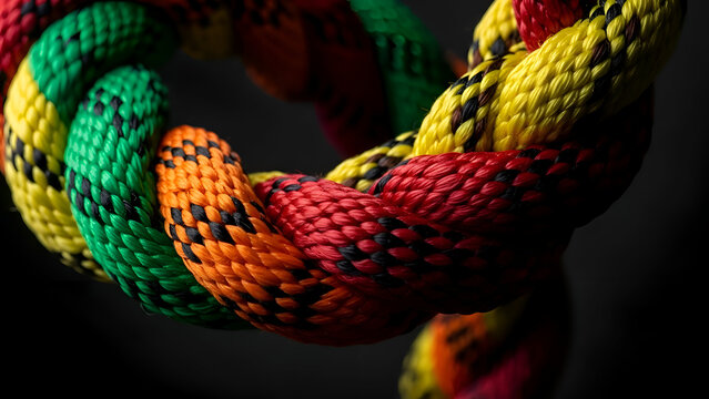 Vibrant colorful rope twisted together in a circular pattern closeup