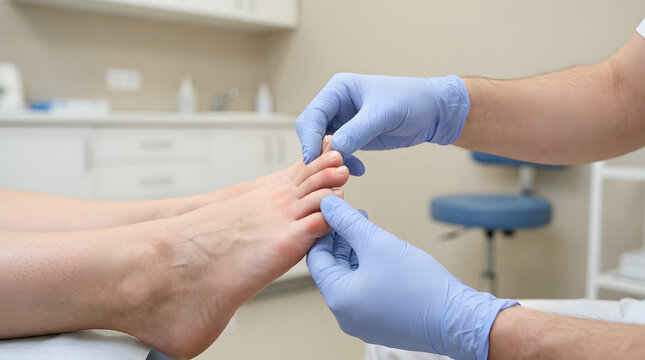 Close up of a healthcare worker inspecting a woman's toes and forefoot during a clinical foot assessment for treatment and hygiene topics