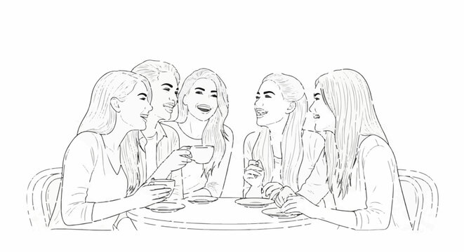 Five women in a sketch style, sitting at a table and laughing while drinking from cups