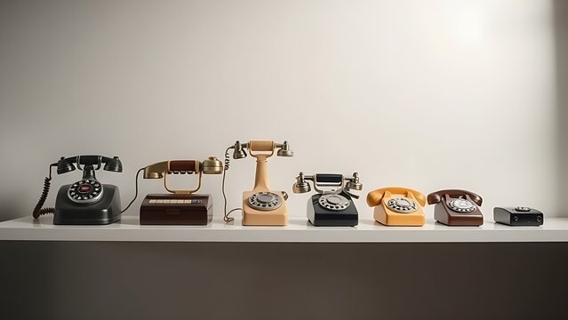 Evolution of telephones from vintage to modern on a clean shelf, chronological display.