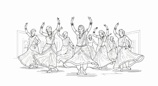 Ensemble of women in traditional attire dancing joyfully in a festive setting