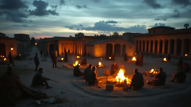 Ancient Roman military camp at dusk with soldiers by campfires.