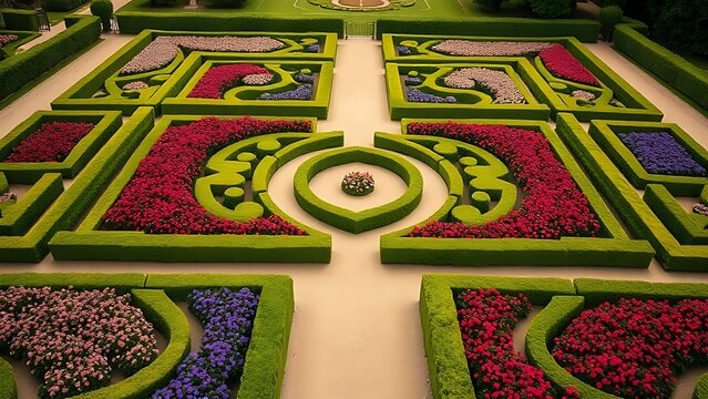Symmetrical flower beds in French garden, aerial view of trimmed shrubs.