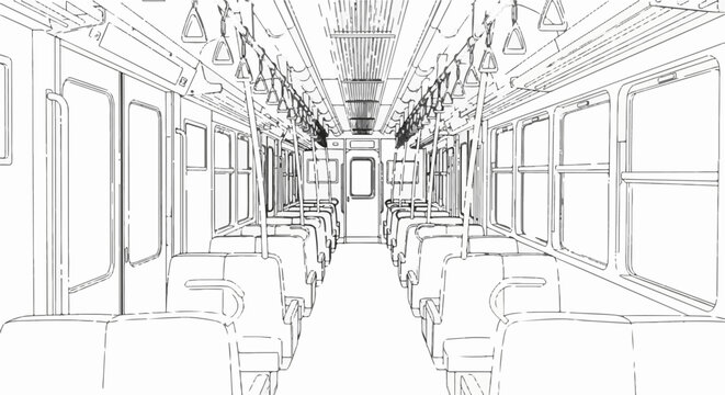 Empty interior view of a train car with seats and overhead handrails
