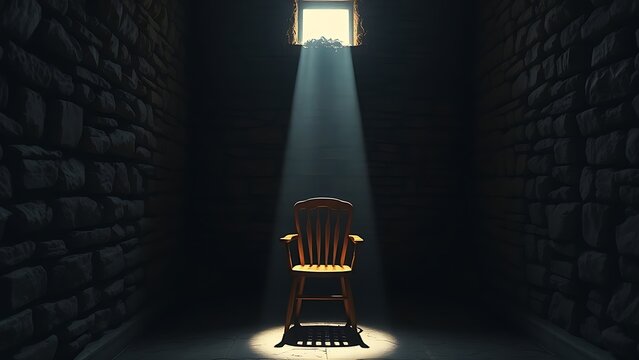 Stone-walled room with a single beam of light illuminating a wooden chair, dramatic shadows.