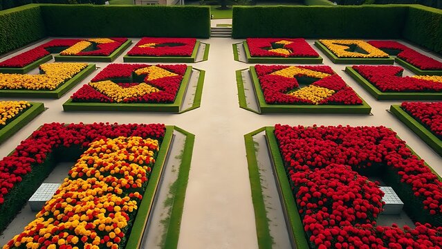 Symmetrical garden flower beds with red and yellow blossoms, geometric patterns.