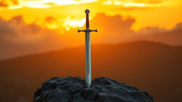 Knight's longsword thrust into craggy rock, dramatic sunset backlight, heroic.