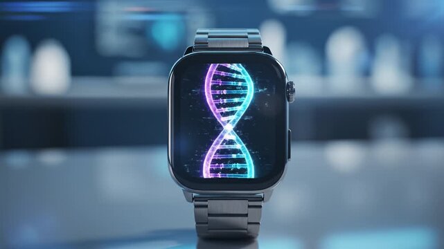 Smartwatch DNA technology futuristic digital screen bracelet wearable science innovation modern display metal healthcare genetics medical data device wristwatch with digital DNA helix screen