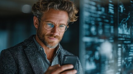 Fototapeta premium Business executive using smartphone for AI analytics in modern office, focused on data insights, clean vertical composition, soft daylight, premium professional lifestyle concept